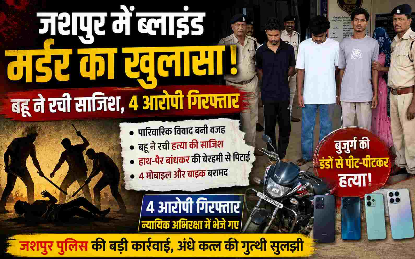 Jashpur news : जशपुर में ब्लाइंड मर्डर केस का खुलासा: बहू ने रची साजिश, 4 आरोपी गिरफ्तार