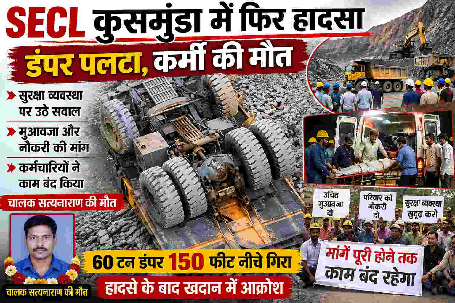 Korba news : SECL कुसमुंडा खदान में फिर बड़ा हादसा 150 फीट नीचे गिरा डंपर, SECL कर्मी की मौत सुरक्षा व्यवस्था पर उठे गंभीर सवाल,