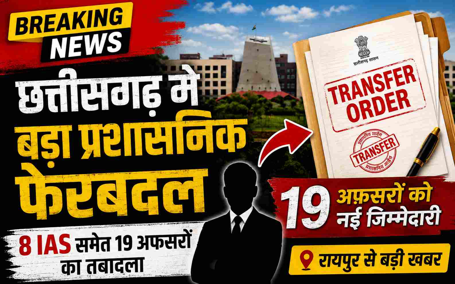 CG Raipur News : छत्तीसगढ़ में बड़ा प्रशासनिक फेरबदल: 8 IAS समेत 19 अधिकारियों का तबादला, सरकार ने सौंपी नई जिम्मेदारियां