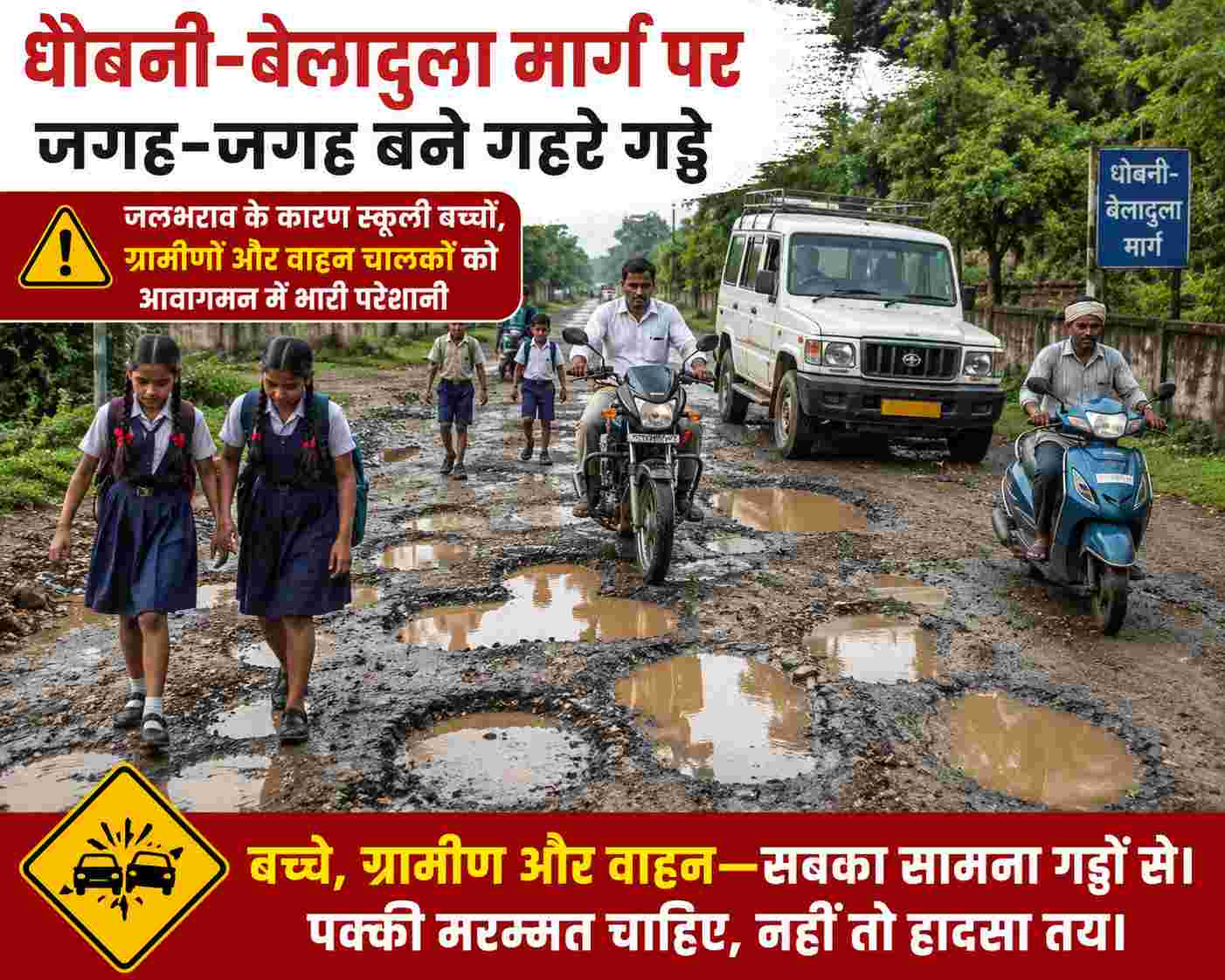 Sarangarh News : धोबनी-बेलादुला मार्ग पर बड़े गड्ढों से आवागमन बाधित, बारिश में बढ़ा हादसों का खतरा
